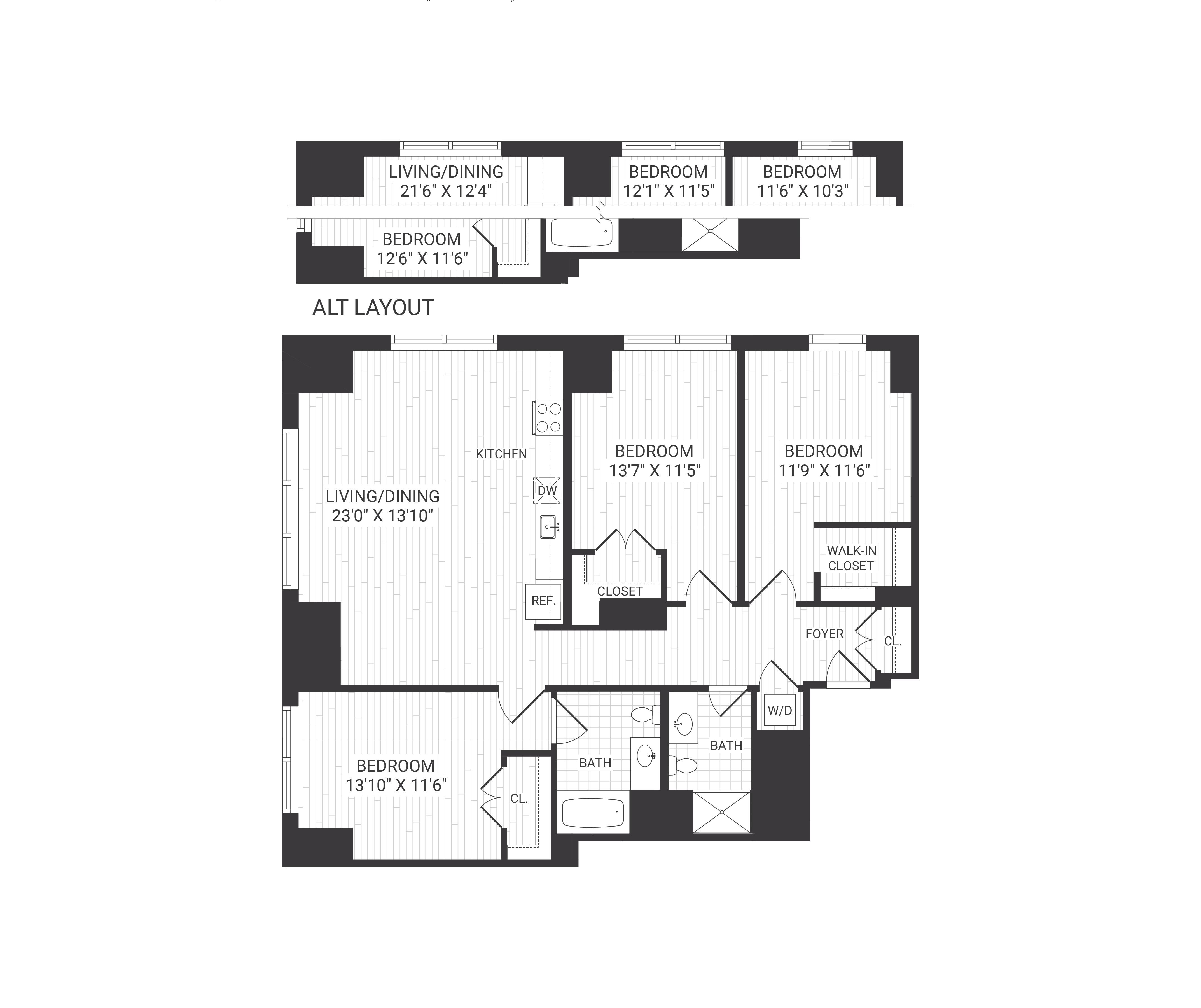 Floor plan for 3 beds, 2 baths, 1370 sqft