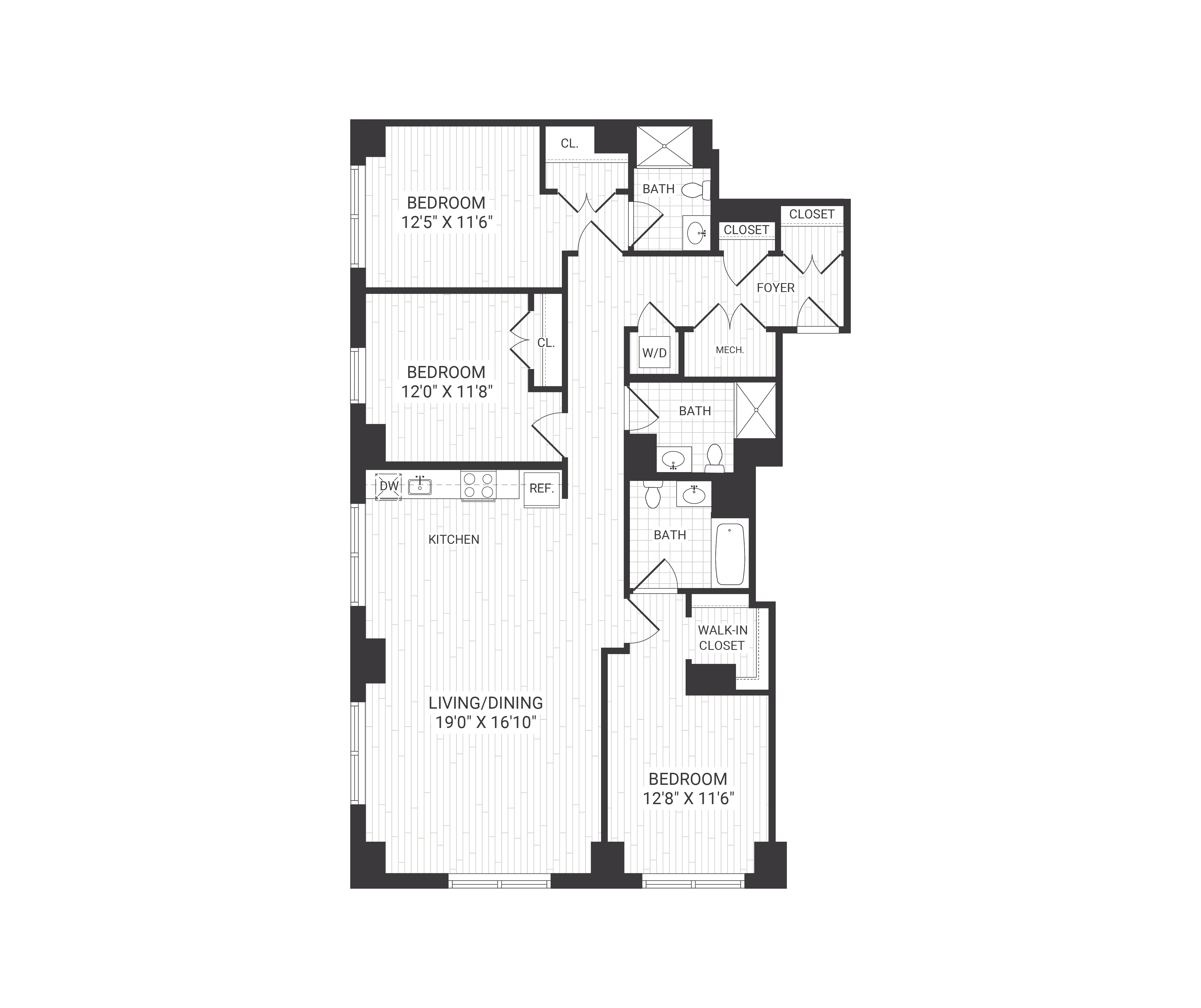 Floor plan for 3 beds, 3 baths, 1569 sqft