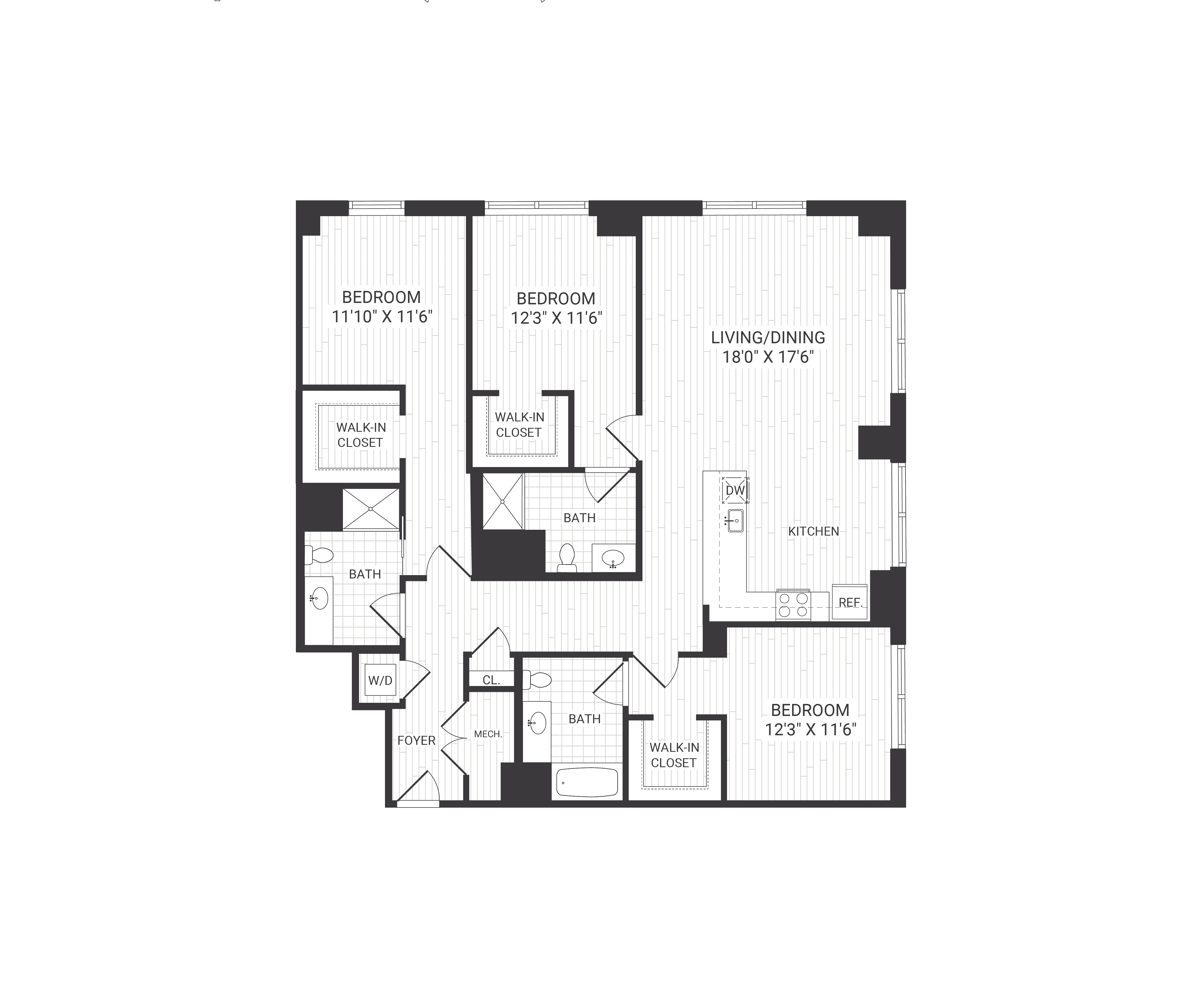 Floor plan for 3 beds, 3 baths, 1661 sqft