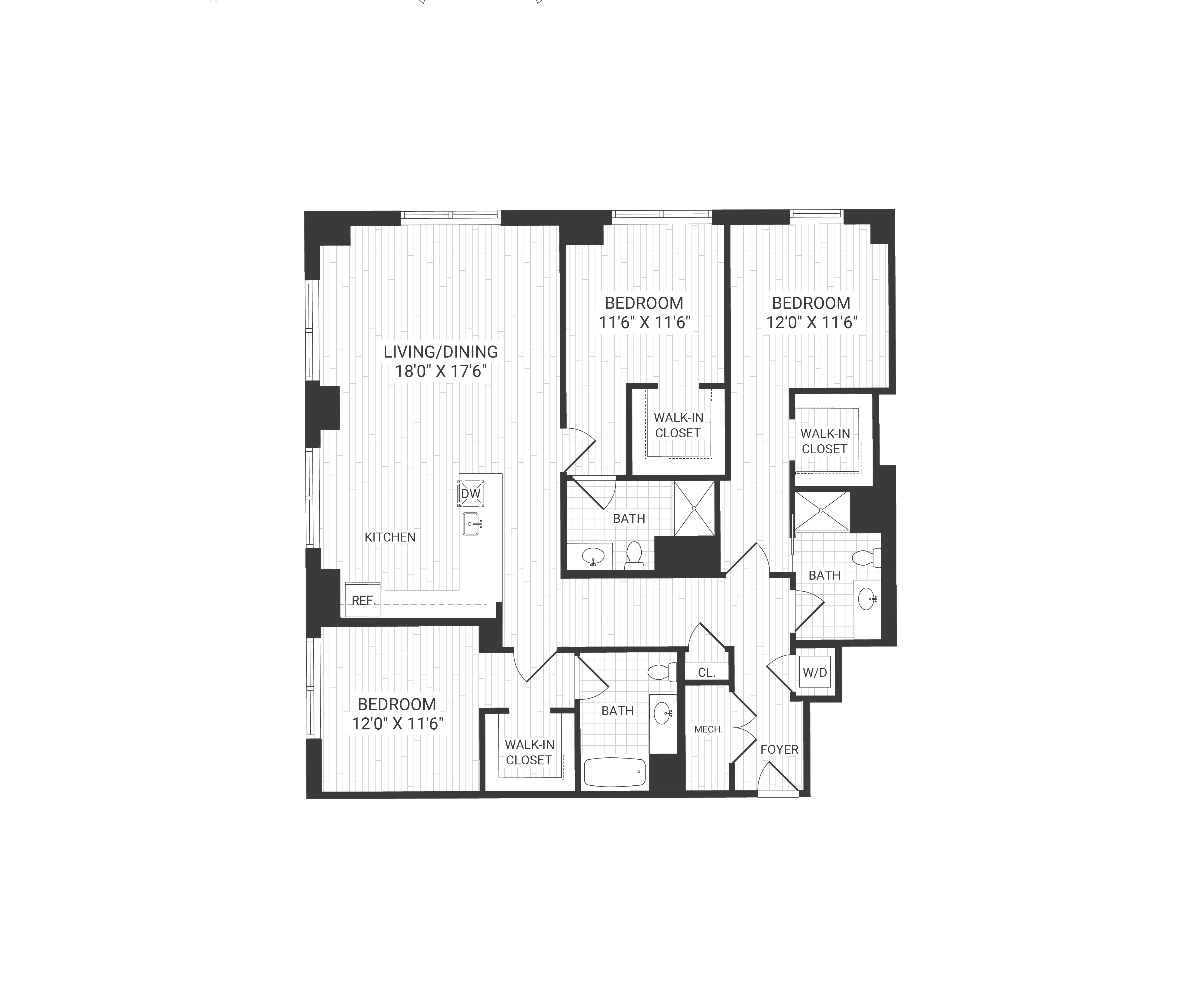 Floor plan for 3 beds, 3 baths, 1662 sqft