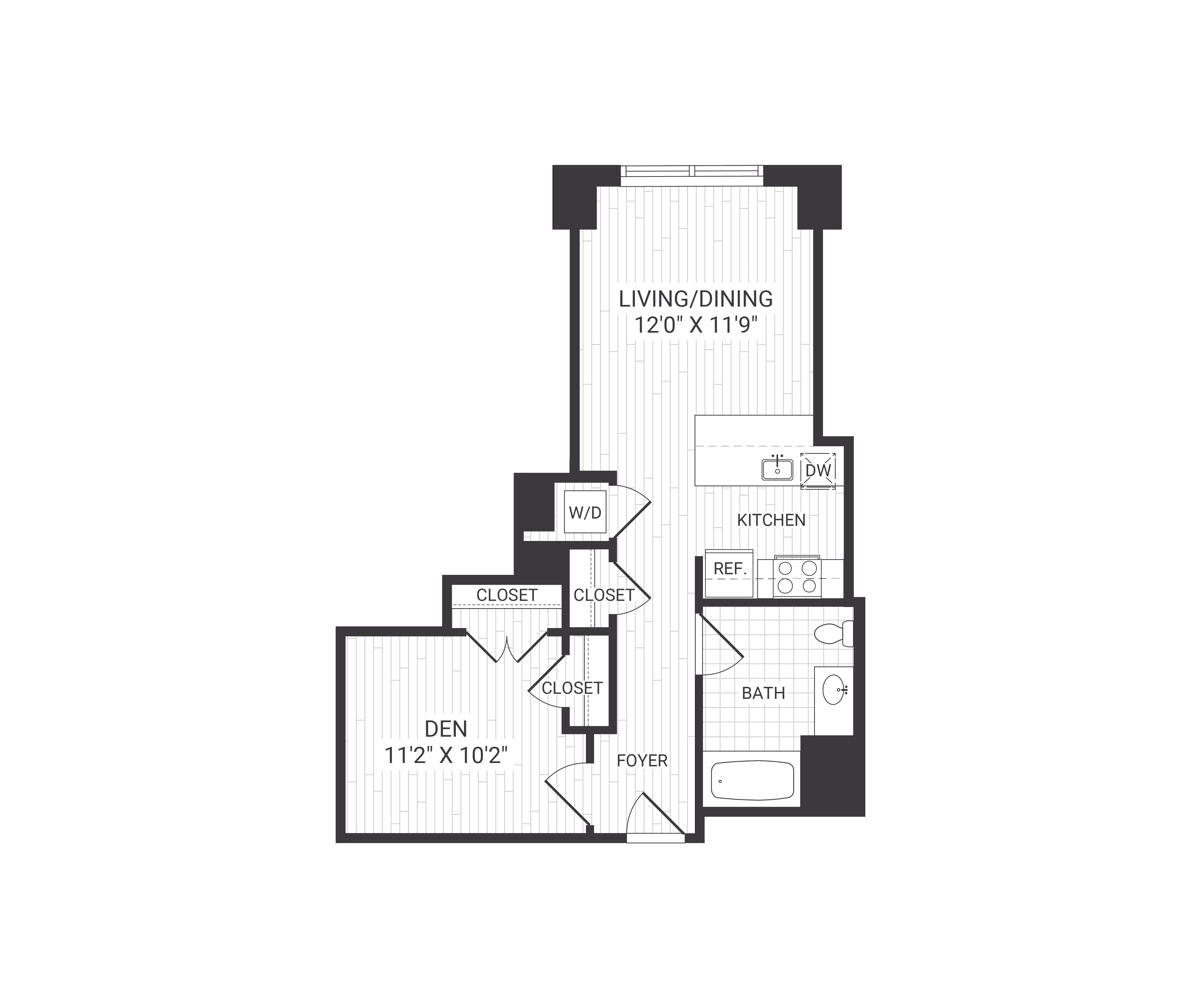 Floor plan for studio, 1 bath, 622 sqft