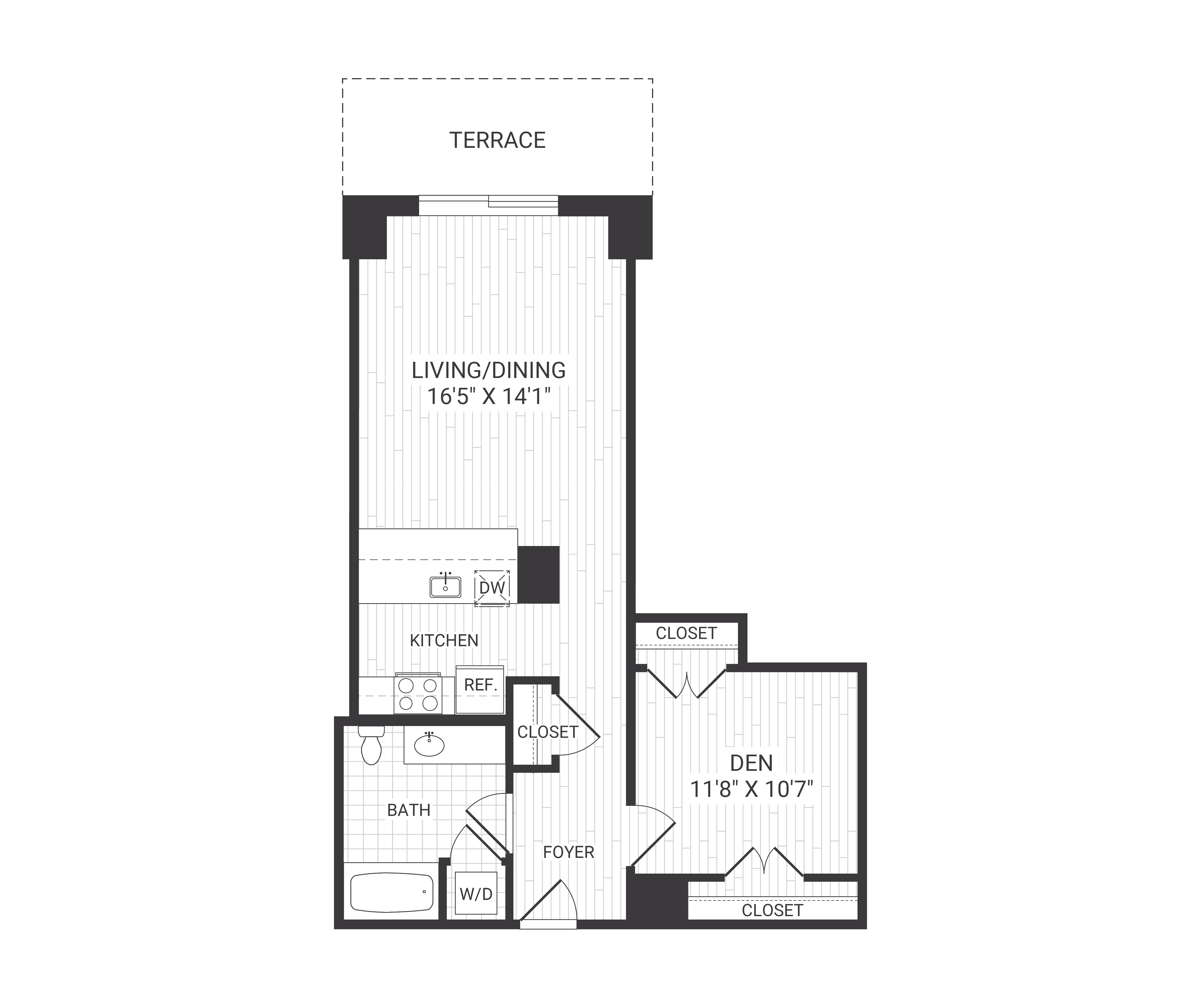 Floor plan for studio, 1 bath, 763 sqft