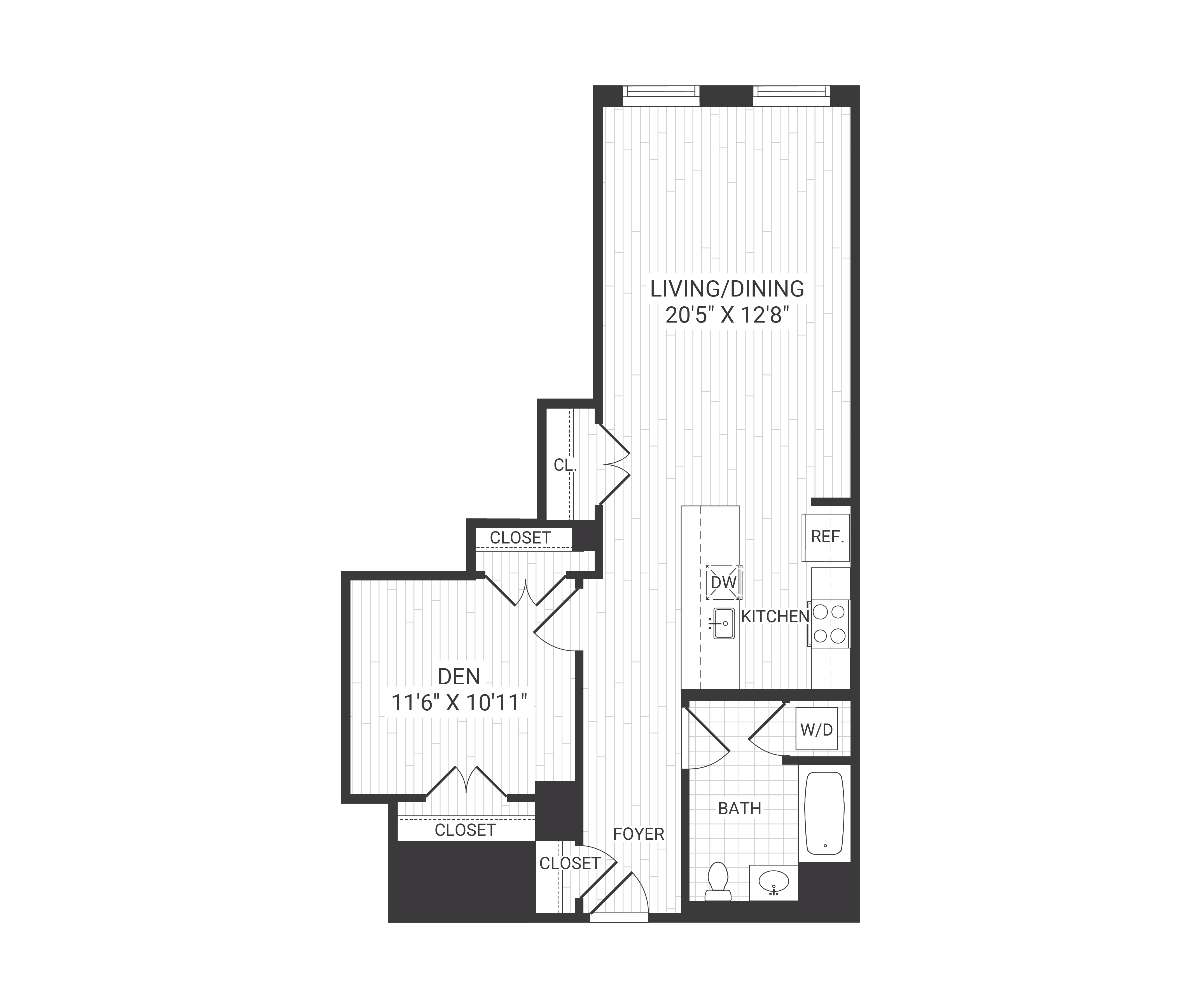 Floor plan for studio, 1 bath, 792 sqft