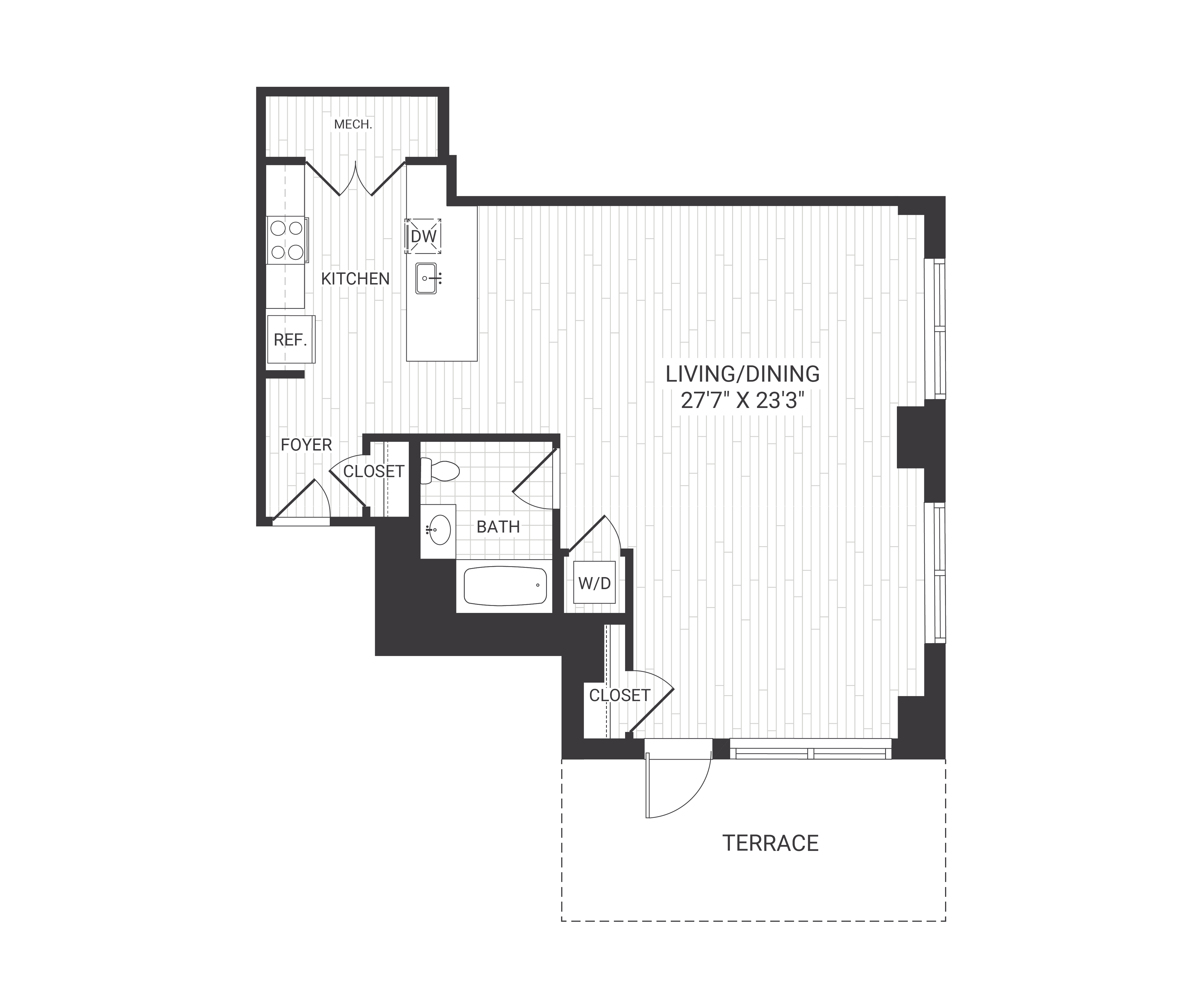 Floor plan for studio, 1 bath, 896 sqft