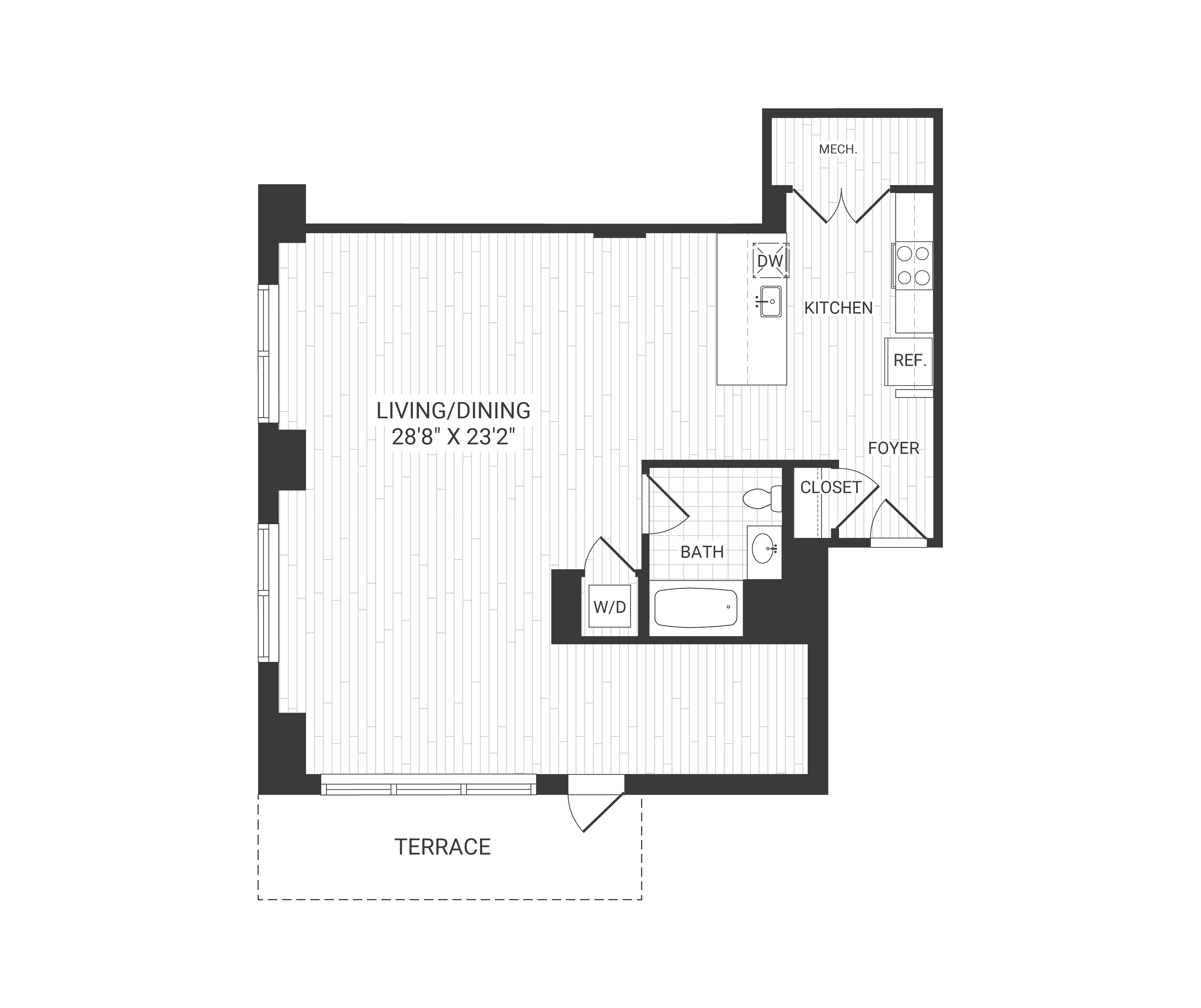 Floor plan for studio, 1 bath, 979 sqft