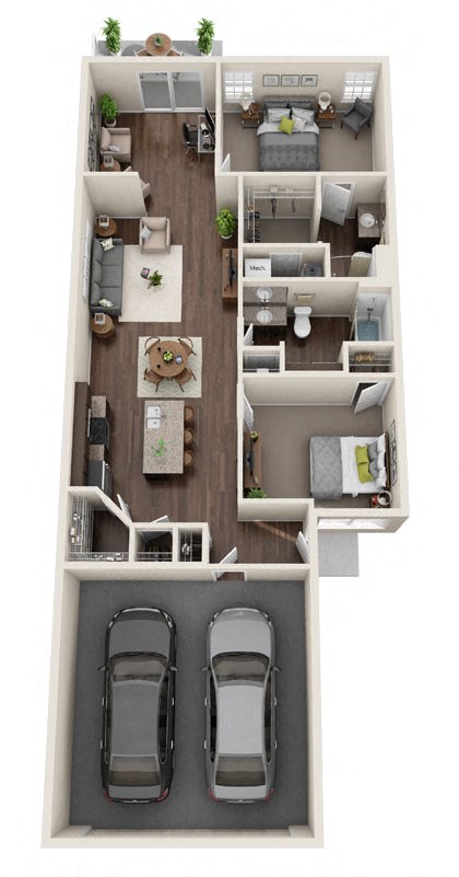 Floor plan for 2 beds, 2 baths, 1294 sqft