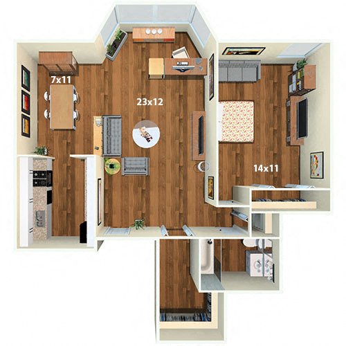 Floor plan for 1 bed, 1 bath, 875 sqft