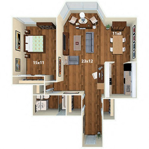 Floor plan for 1 bed, 1 bath, 856 sqft