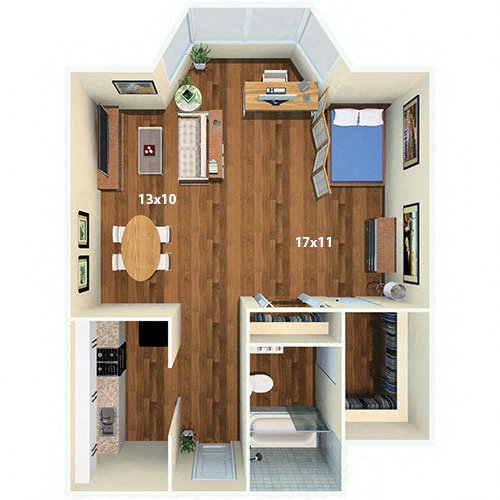 Floor plan for studio, 1 bath, 735 sqft
