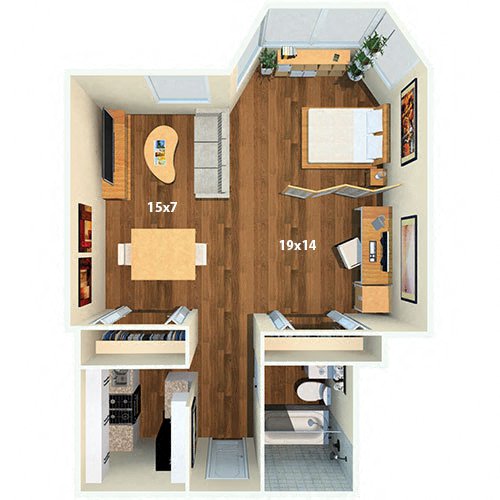 Floor plan for studio, 1 bath, 858 sqft