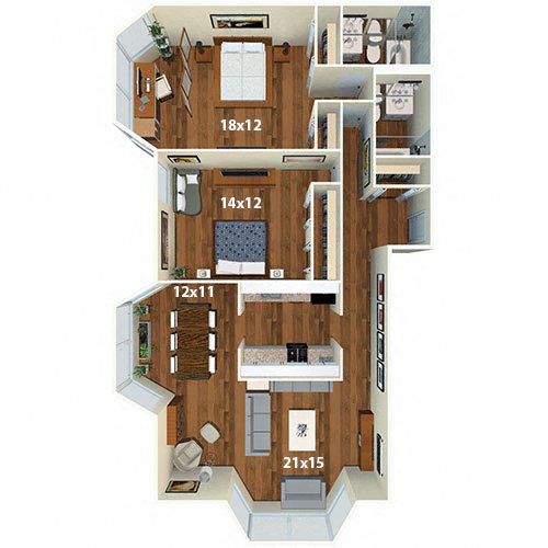 Floor plan for 2 beds, 2 baths, 1100 sqft