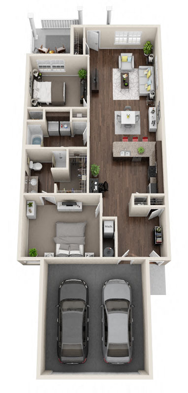 Floor plan for 2 beds, 2 baths, 1343 sqft