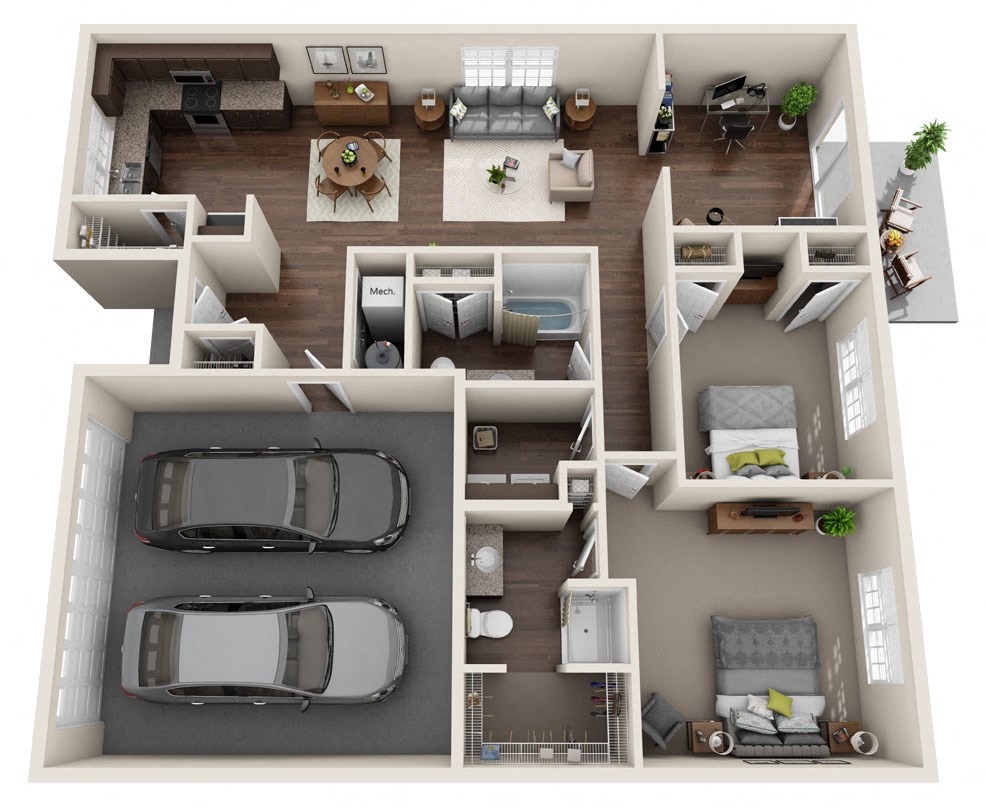 Floor plan for 2 beds, 2 baths, 1456 sqft