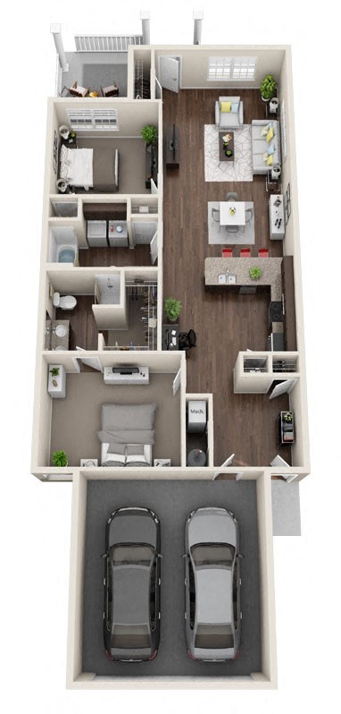 Floor plan for 2 beds, 2 baths, 1343 sqft