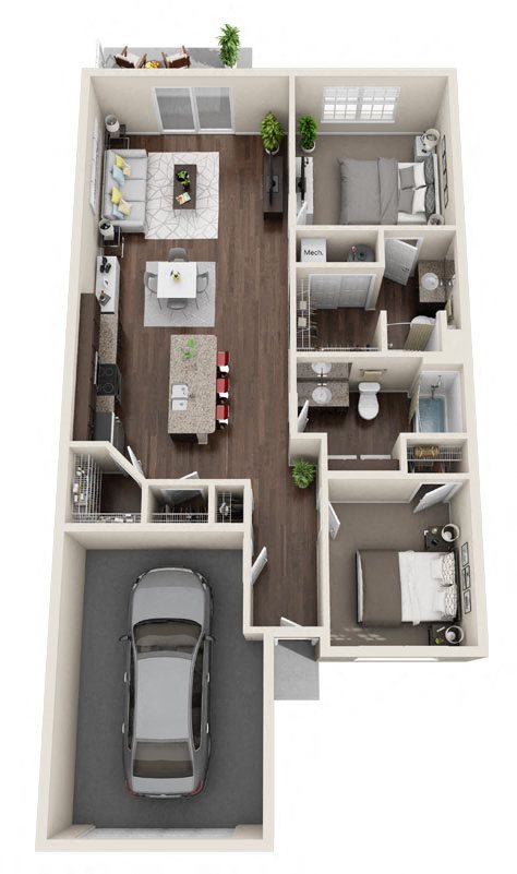 Floor plan for 2 beds, 2 baths, 1127 sqft