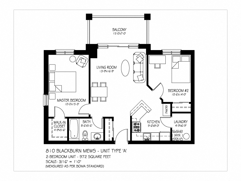 Floor plan for 2 beds, 1 bath, 972 sqft