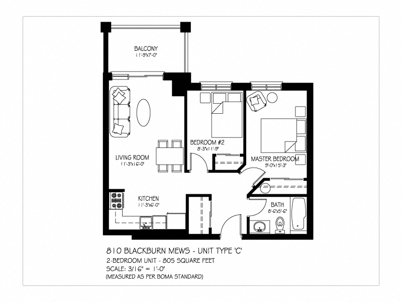 Floor plan for 2 beds, 1 bath, 805 sqft