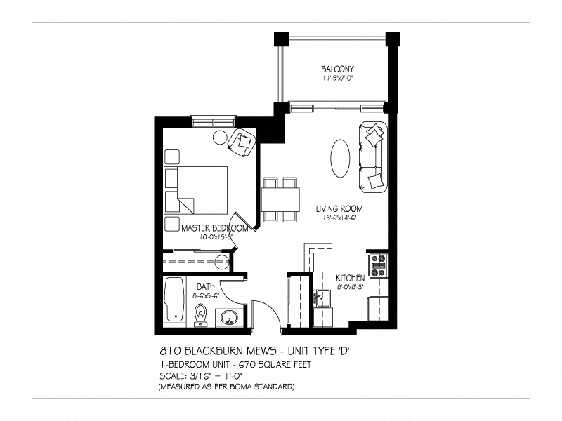 Floor plan for 1 bed, 1 bath, 670 sqft