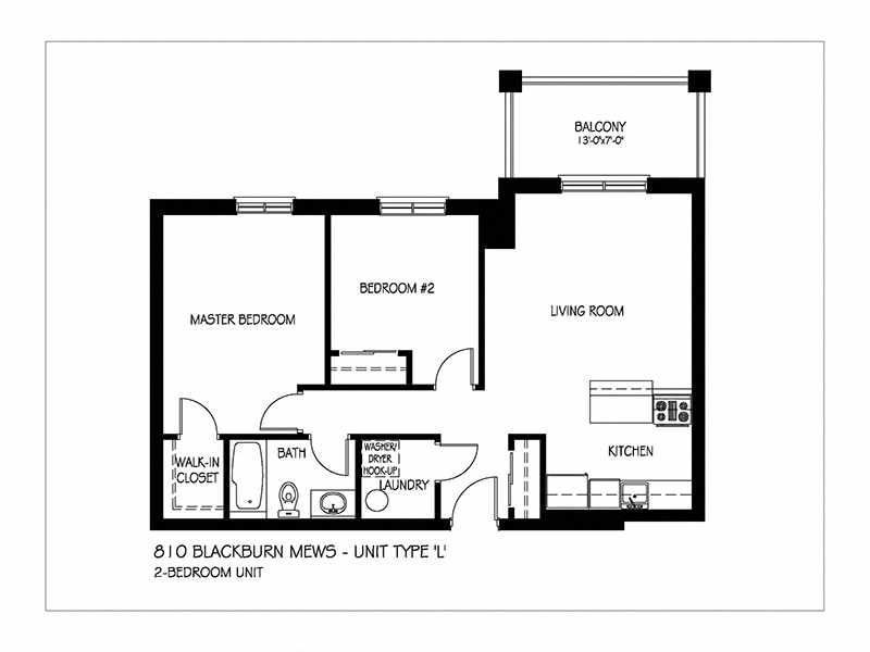 Floor plan for 2 beds, 1 bath, 935 sqft