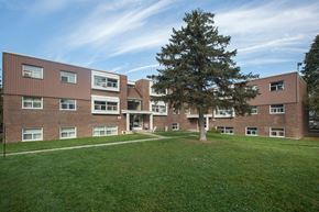 Kingston apartment for rent - A large grassy area in front of a building with a tree.