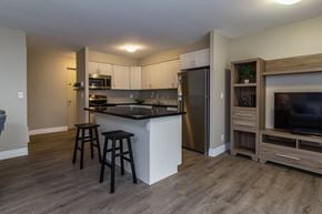 Amherstview apartment for rent - A kitchen with a black countertop and a refrigerator.