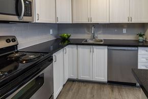 Amherstview apartment for rent - A kitchen with black countertops and white cabinets.