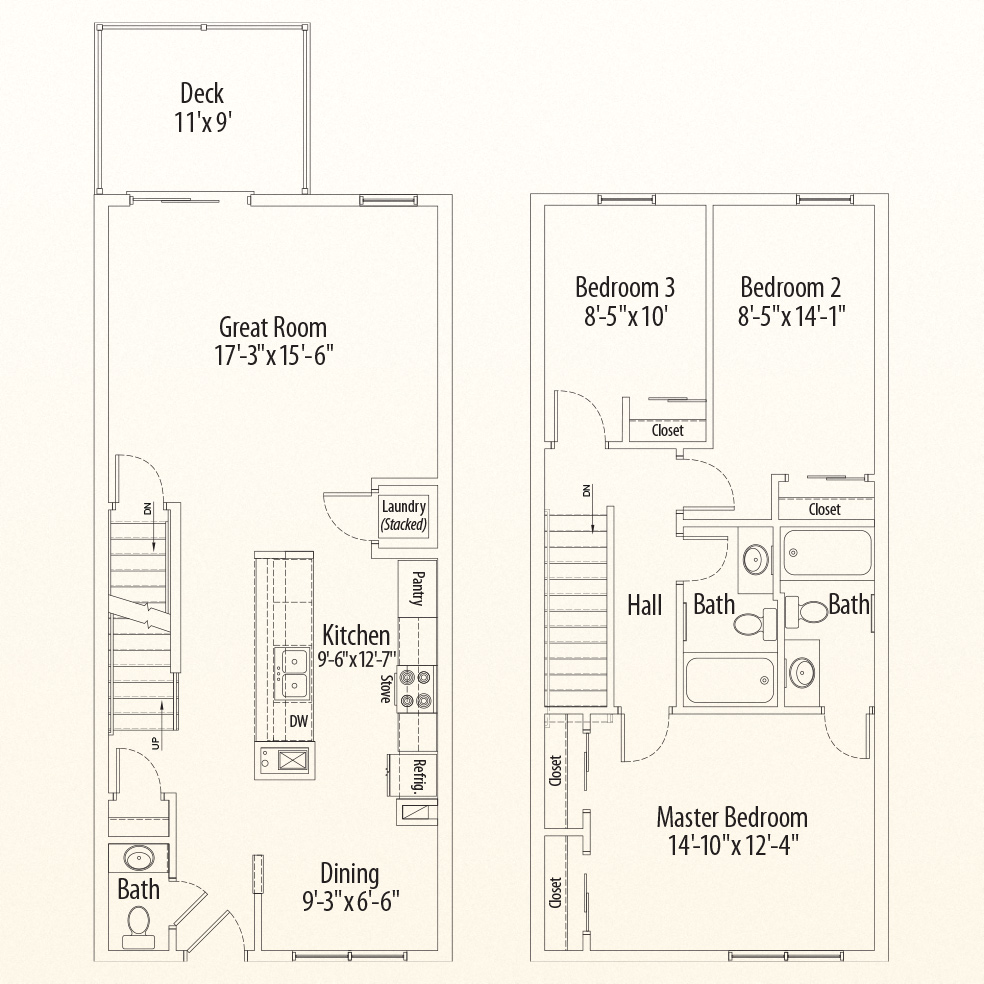 Floor plan for 3 beds, 2.5 baths, 1289 sqft