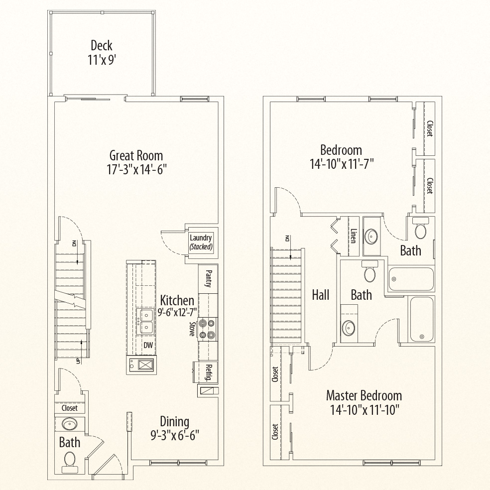 Floor plan for 2 beds, 2.5 baths, 1248 sqft