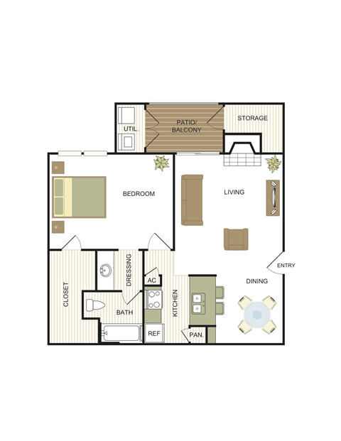 Floor plan for 1 bed, 1 bath, 678 sqft