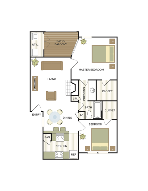 Floor plan for 2 beds, 1 bath, 844 sqft