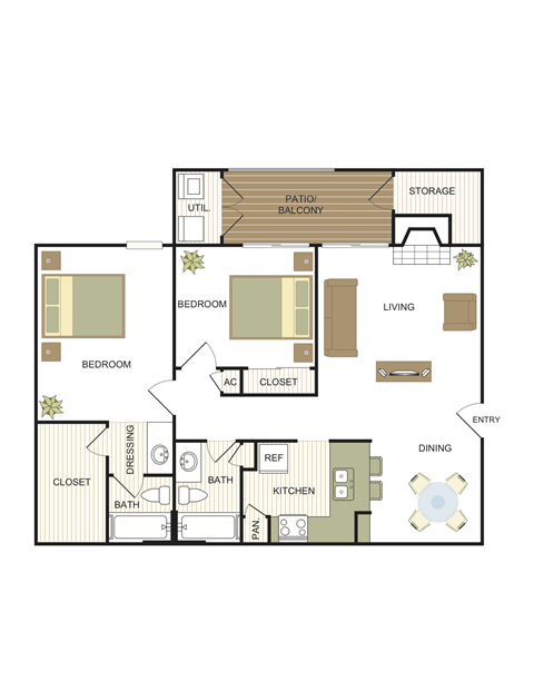 Floor plan for 2 beds, 2 baths, 901 sqft