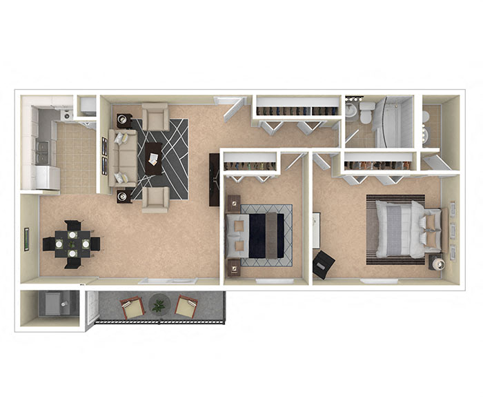 Floor plan for 2 beds, 1.5 baths, 969 sqft