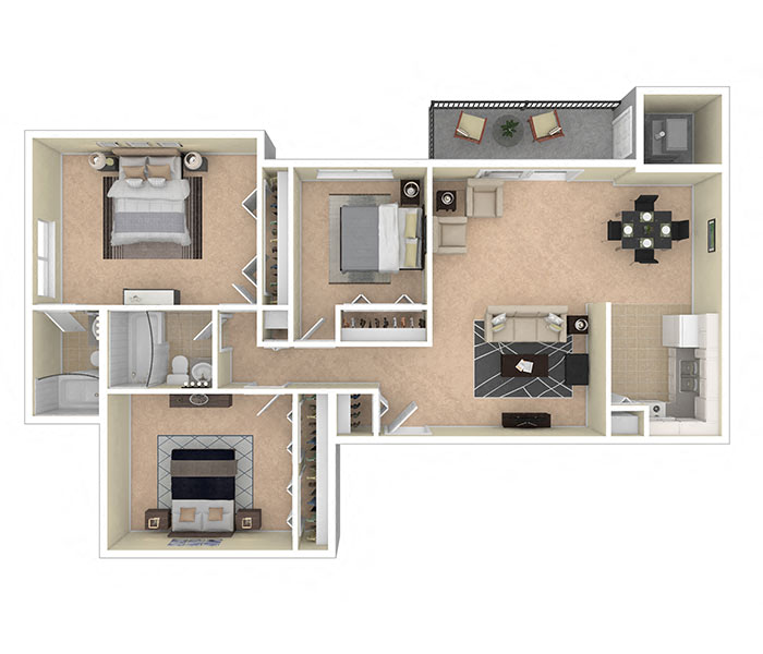 Floor plan for 3 beds, 2 baths, 1150 sqft