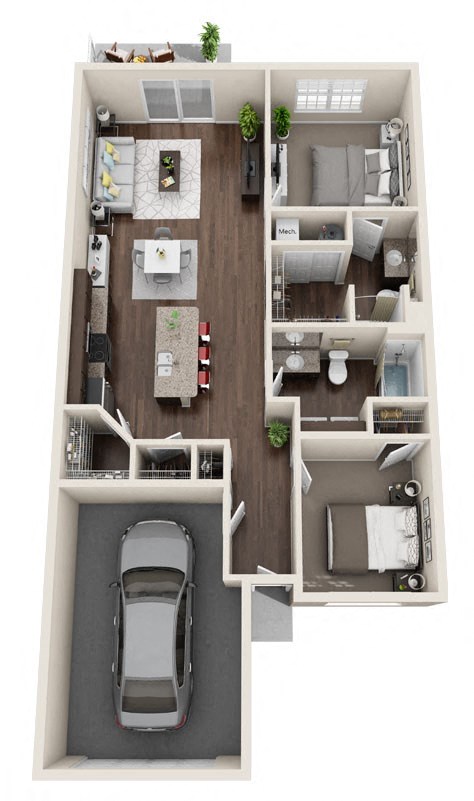 Floor plan for 2 beds, 2 baths, 1127 sqft