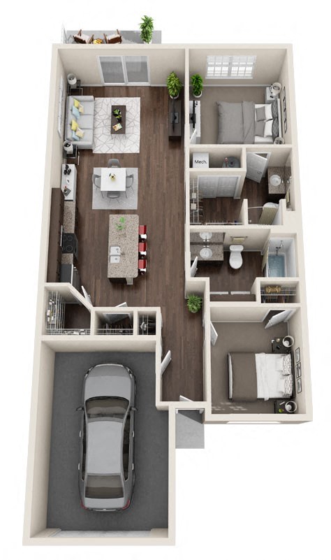 Floor plan for 2 beds, 2 baths, 1127 sqft