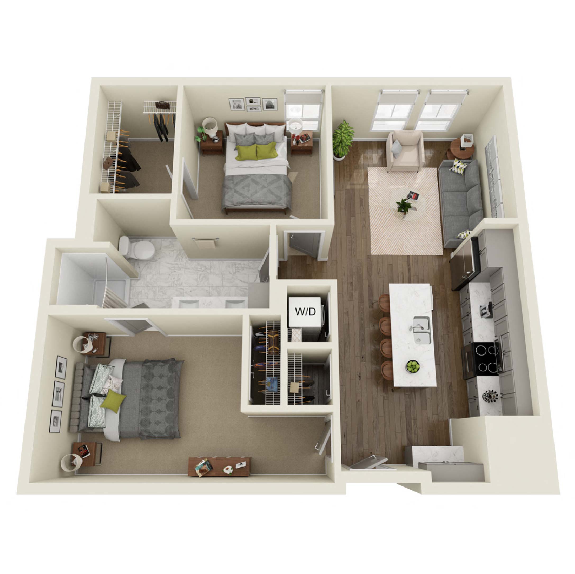 Floor plan for 2 beds, 1 bath, 905 sqft