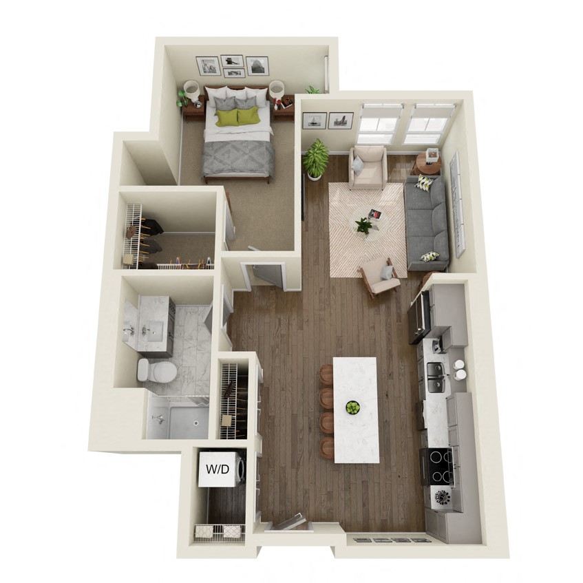 Floor plan for 1 bed, 1 bath, 731 sqft