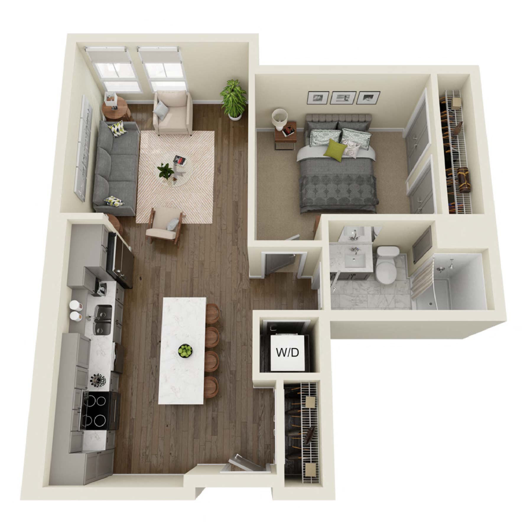 Floor plan for 1 bed, 1 bath, 678 sqft