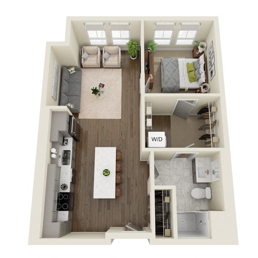 Floor plan for 1 bed, 1 bath, 706 sqft