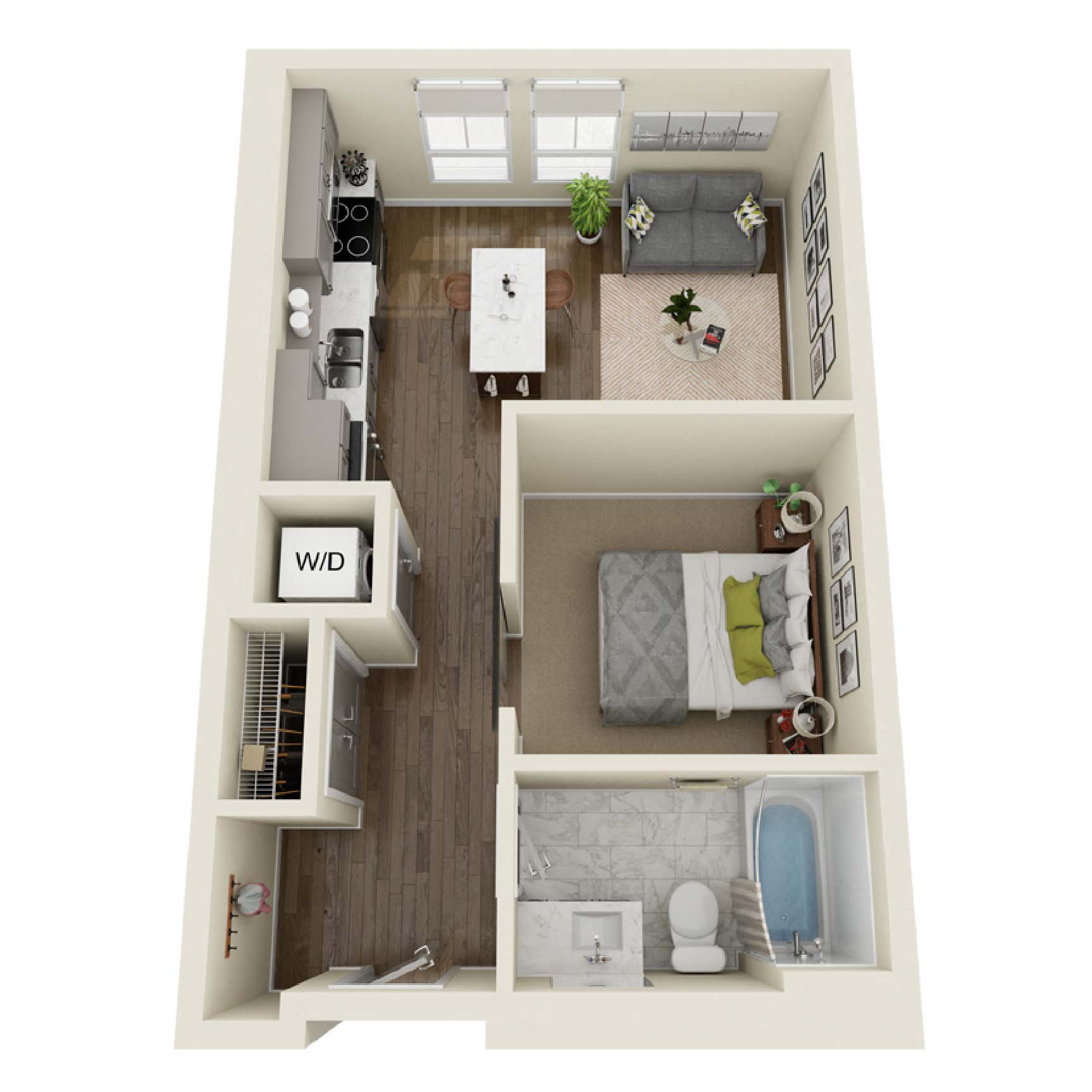 Floor plan for studio, 1 bath, 499 sqft