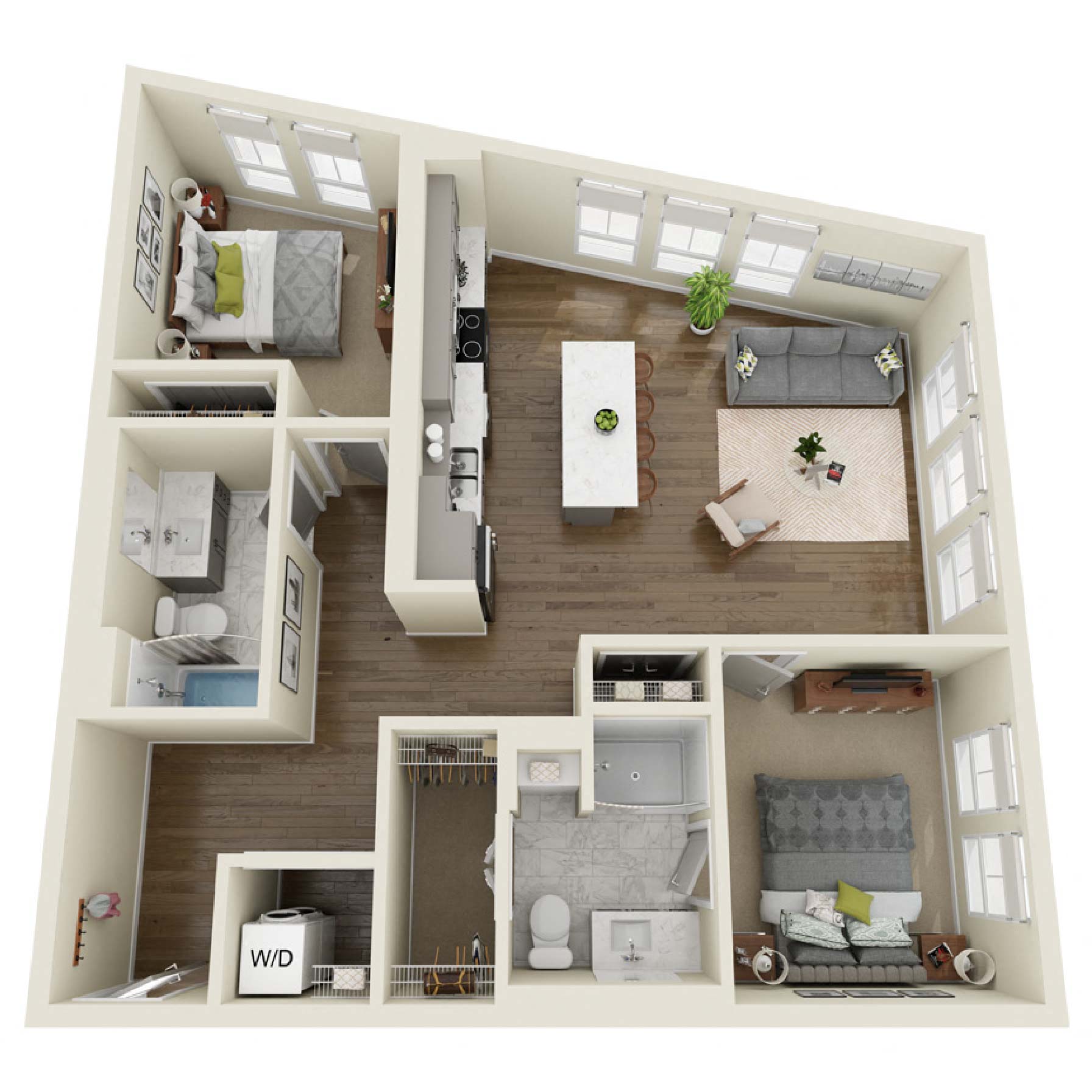 Floor plan for 2 beds, 2 baths, 1049 sqft