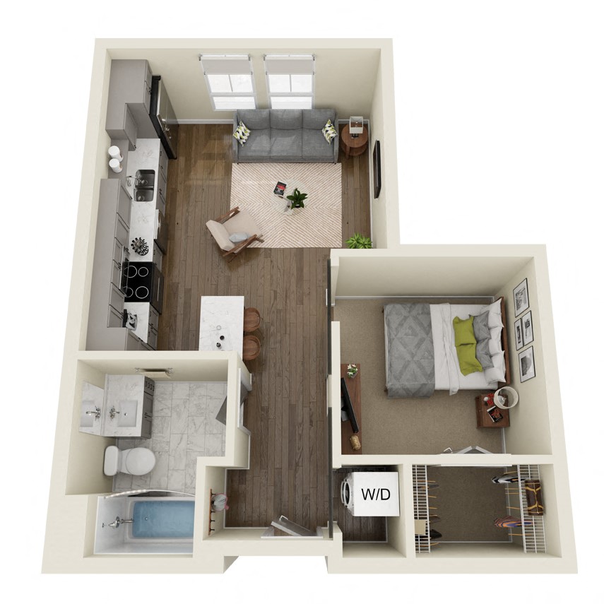 Floor plan for 1 bed, 1 bath, 565 sqft