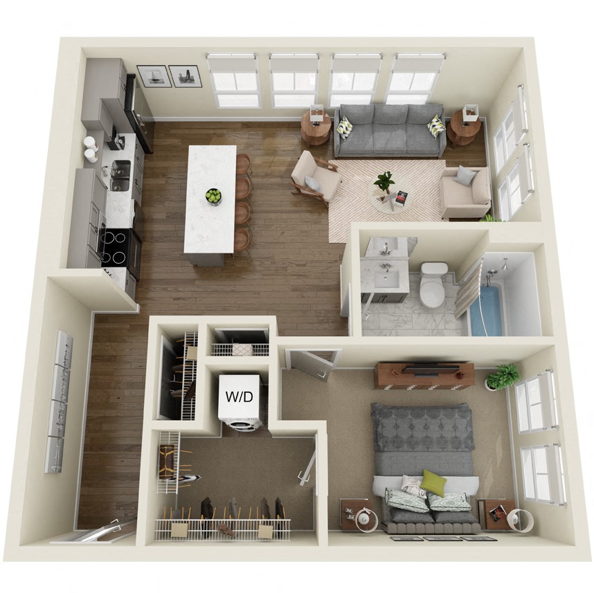 Floor plan for 1 bed, 1 bath, 747 sqft
