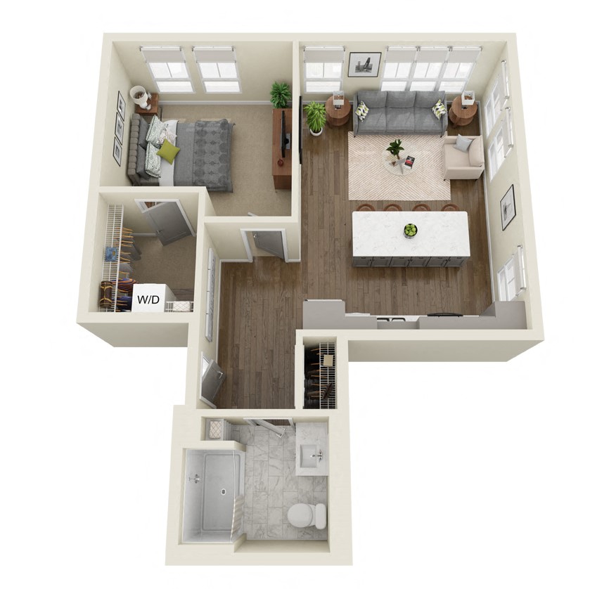 Floor plan for 1 bed, 1 bath, 739 sqft