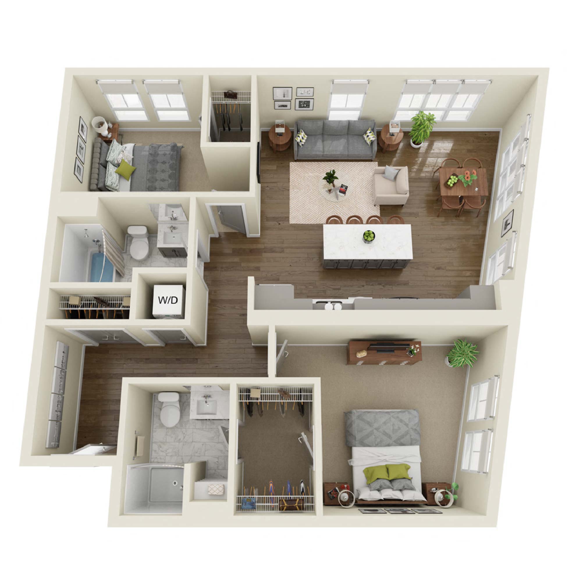 Floor plan for 2 beds, 2 baths, 1107 sqft