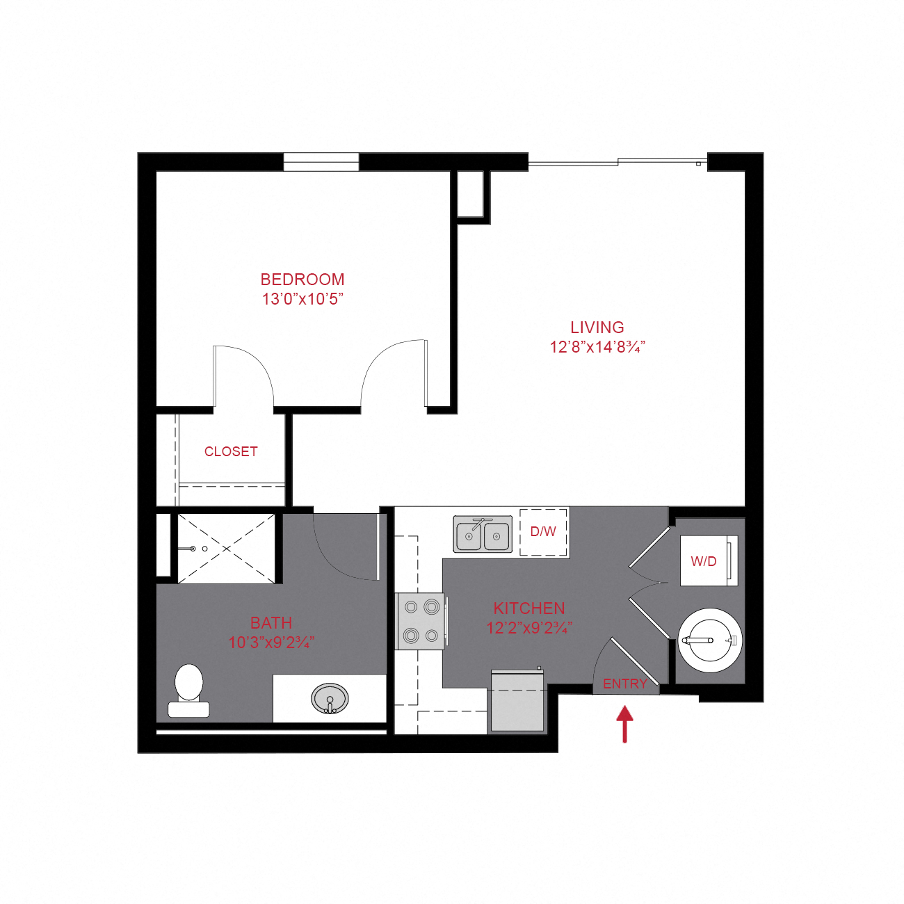 Floor plan for 1 bed, 1 bath, 709 sqft