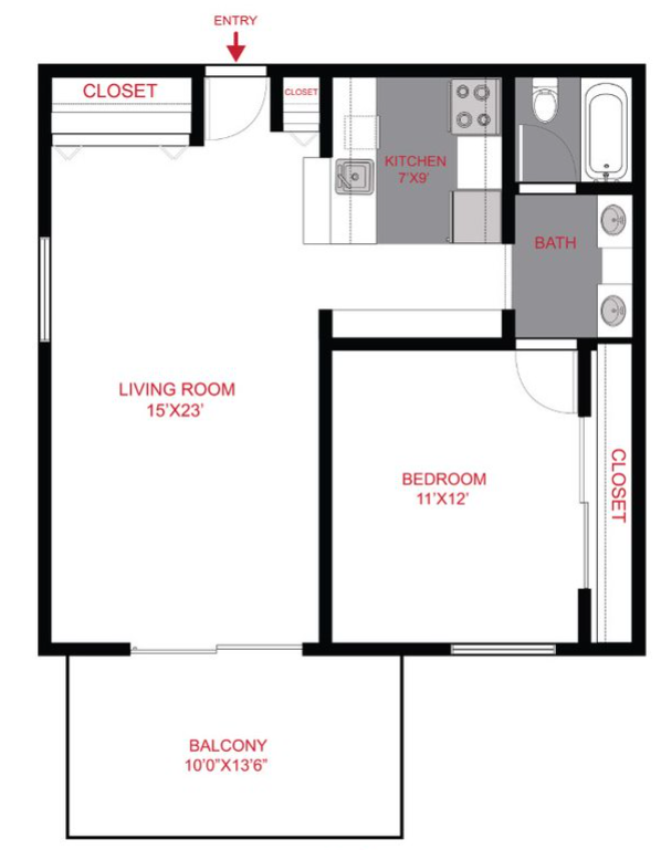 Floor plan for 1 bed, 1 bath, 685 sqft