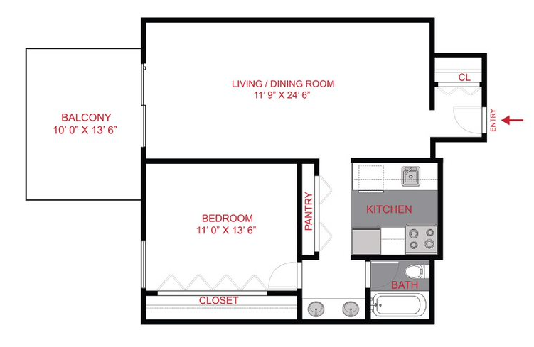 Floor plan for 1 bed, 1 bath, 665 sqft