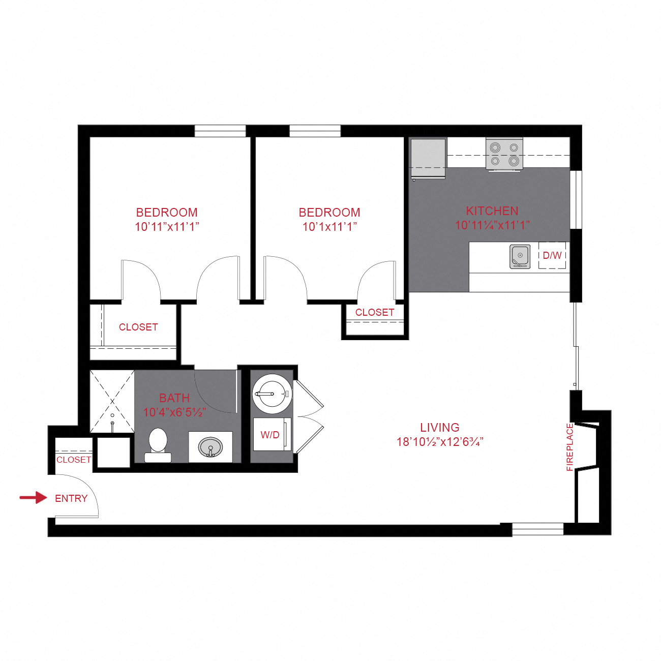 Floor plan for 2 beds, 1 bath, 876 sqft