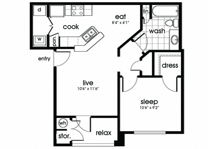 Floor plan for 1 bed, 1 bath, 664 sqft